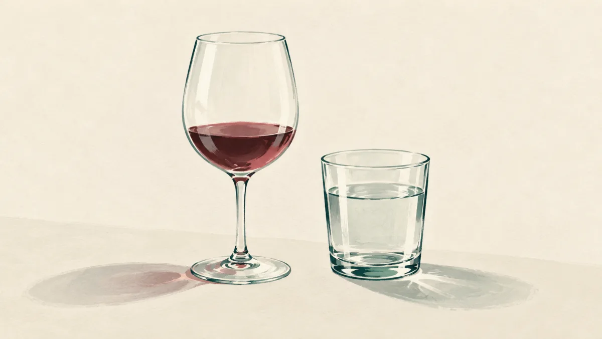Illustration av ett vinglas med en liten mängd vin bredvid ett glas vatten