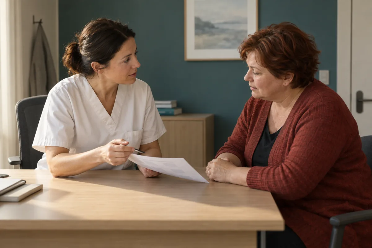 Illustrationsbild av ett samtal om provsvar mellan en vårdmedarbetare och en patient