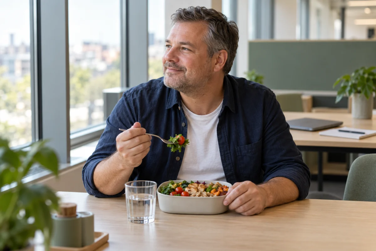 Man i marinblå skjorta tar lunchpaus vid ett bord i en ljus kontorsmiljö. AI-genererad illustrationsbild.