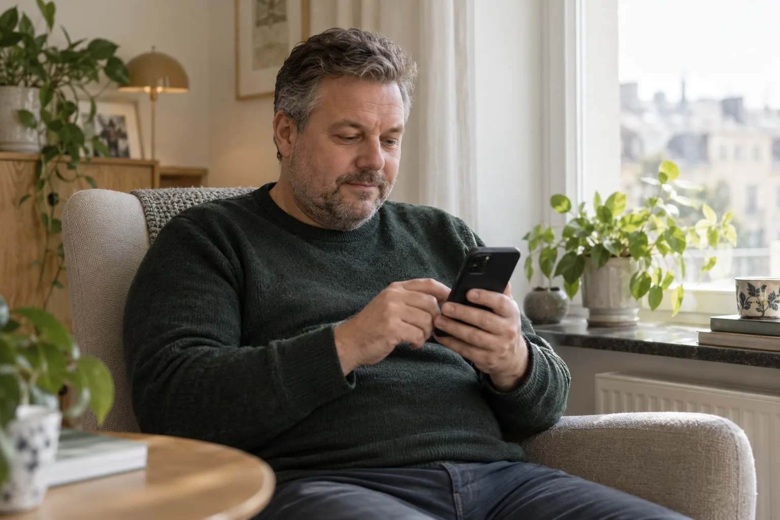 Man som skriver ett meddelande på mobilen hemma