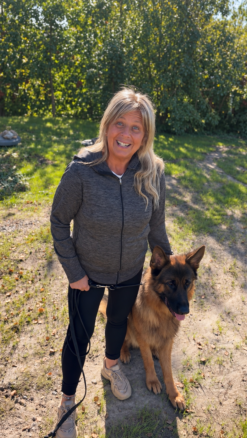 AI-bearbetat porträtt av Helena med sin hund utomhus