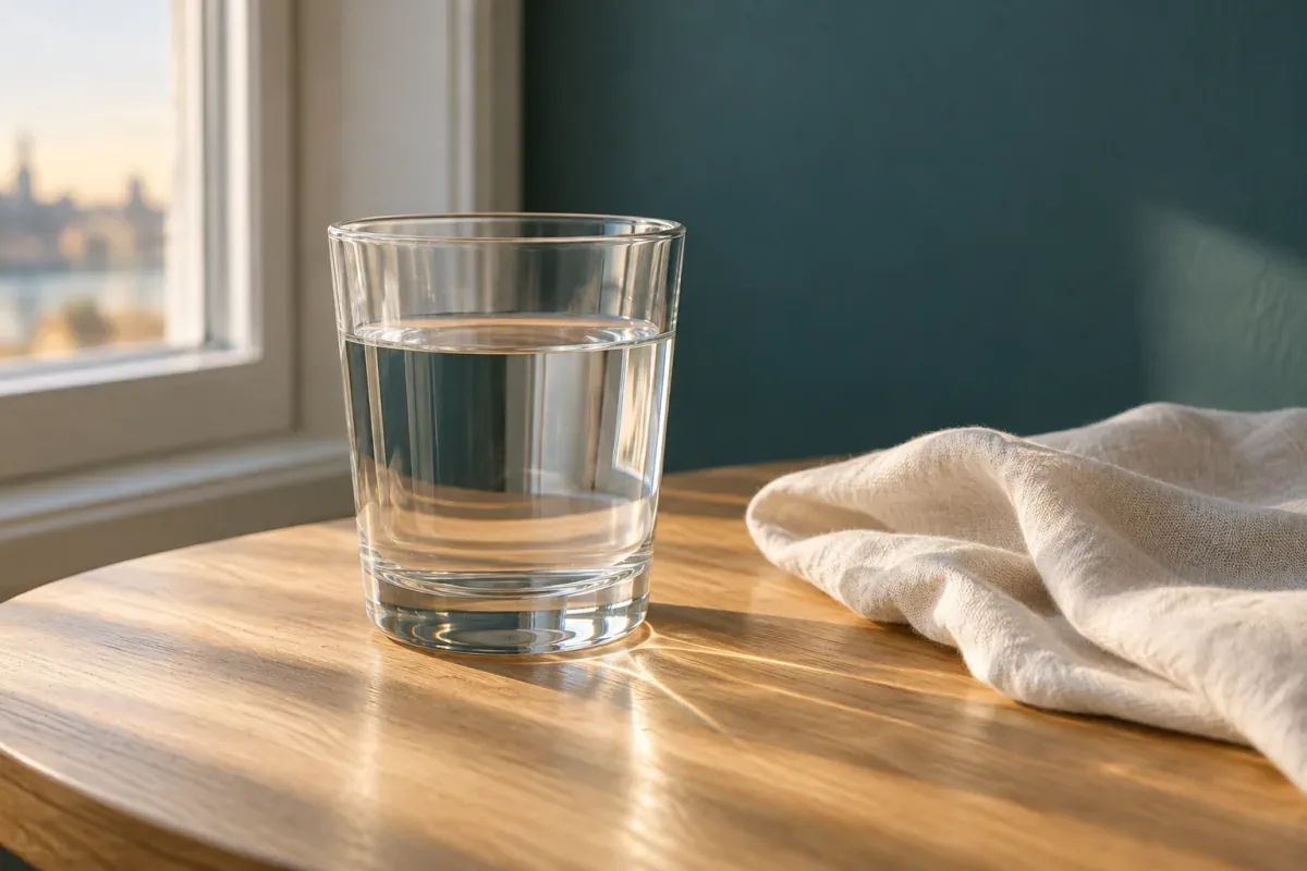 Illustrationsbild av ett glas vatten på ett bord i morgonljus