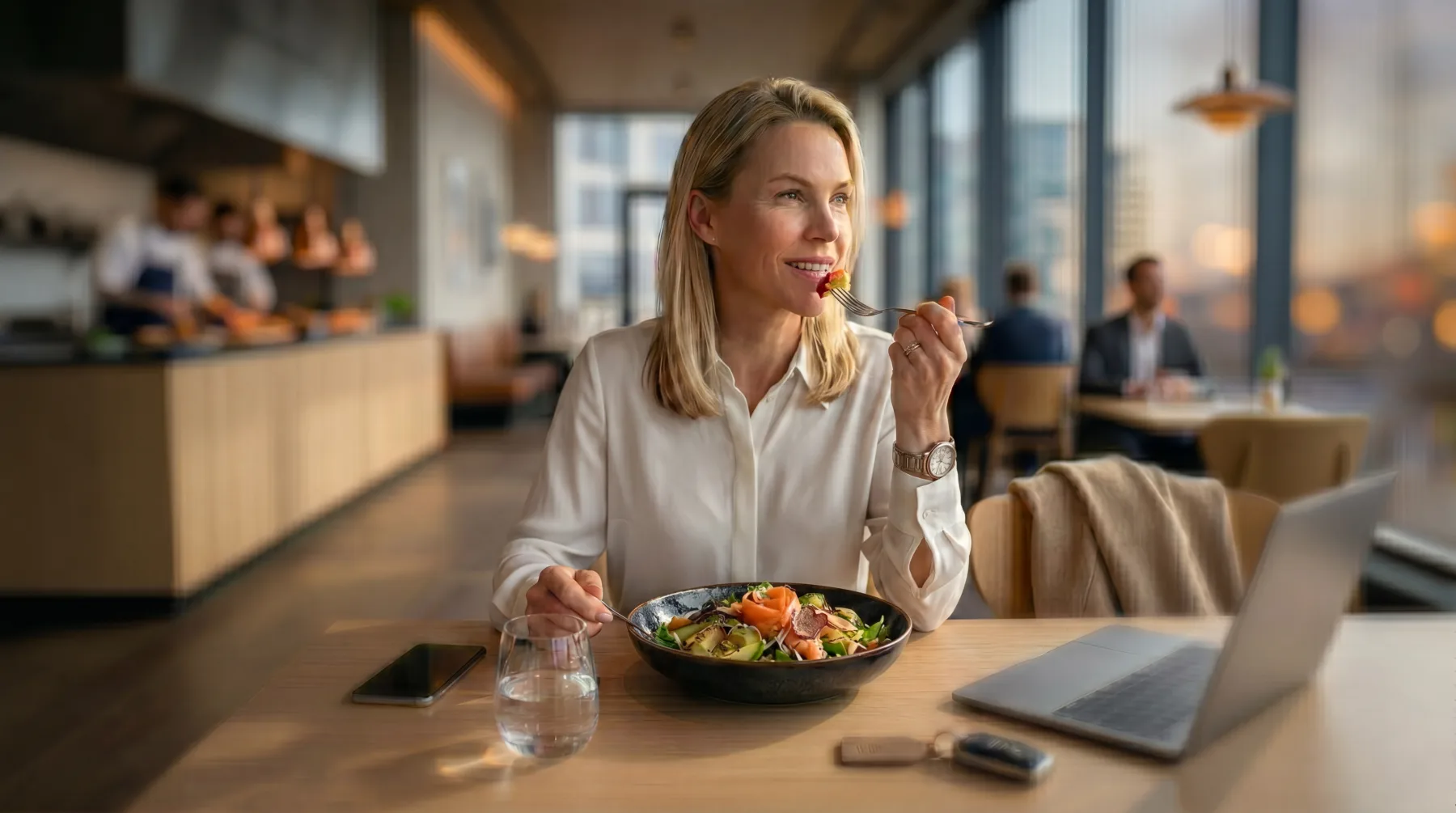 Kvinna i vit blus som äter en hälsosam lunch